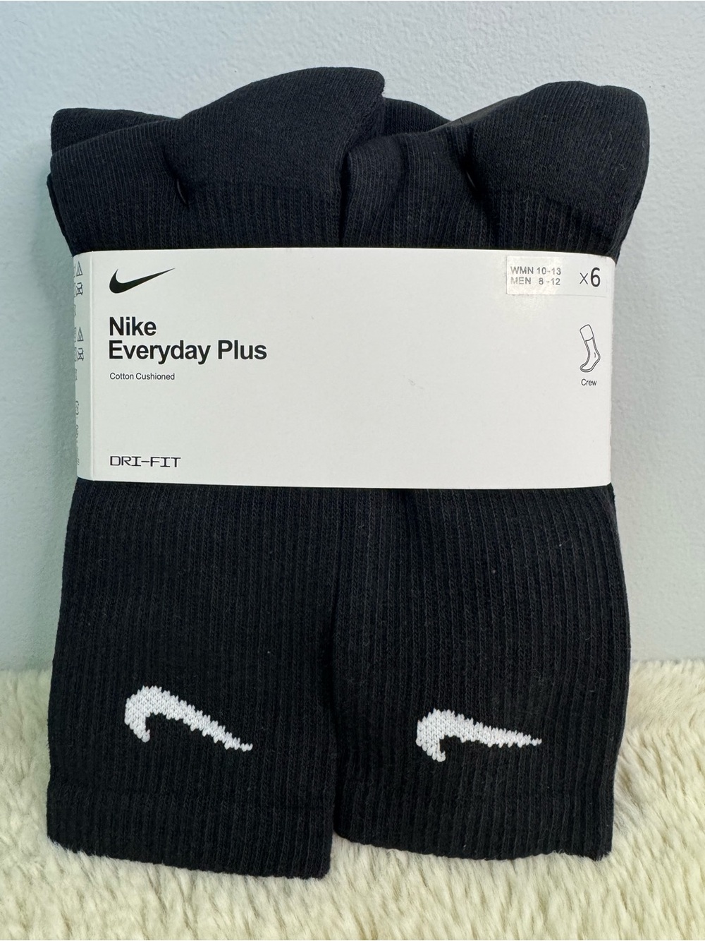 Nike Everyday Plus Black Crew Socks with White Swoosh (6-Pack)